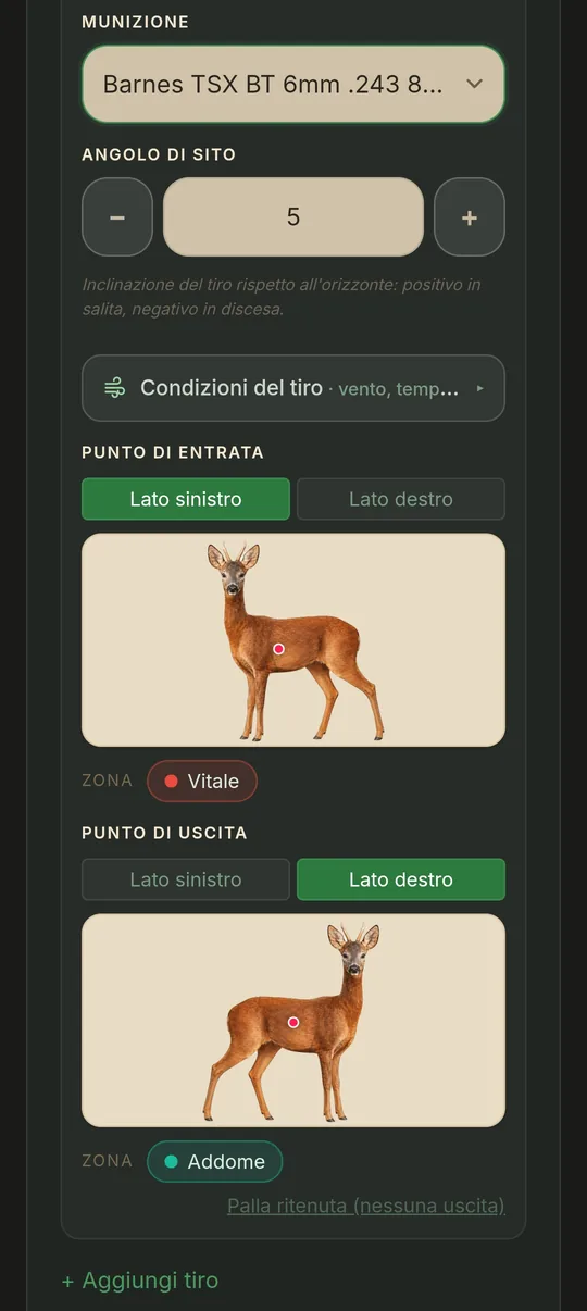 Schermata del tiro: munizione, angolo di sito e punti di entrata e uscita sulla sagoma del capriolo.