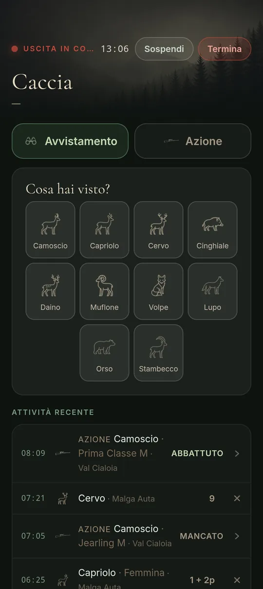 Schermata dell'uscita live: la griglia delle specie da segnare e le attività recenti.